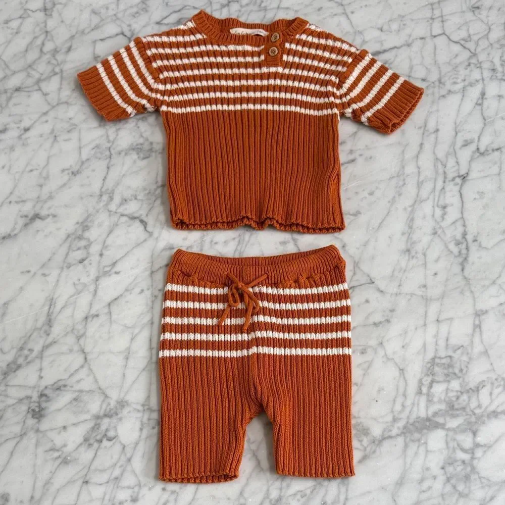 Finn and Vince Striped Knit Baby Set Outfit Sz 2T Burnt Orange White
